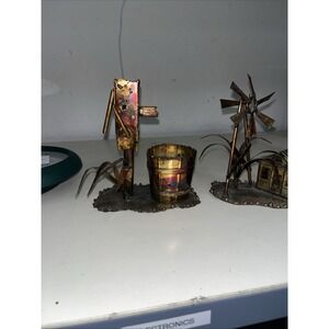 Brutalist Whimsical Metal Water Pump&Windmill 6.5" Statues Enesco Hong Kong LOT2
